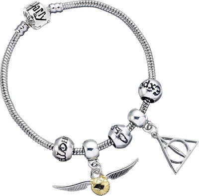 The Carat Shop – Harry Potter verzilverde armband met 3 spreuk kralen en deathly hallows & snitch bedels