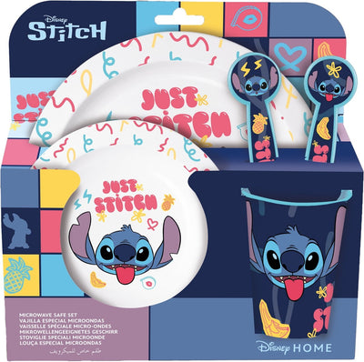 Disney's stitch kinderservies – 5-delig – herbruikbaar – inclusief bord, kom, bestek en beker – vaatwasser- en microgolfbestendig & bpa-vrij – wit/blauw