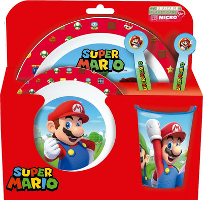 Nintendo's super mario kinderservies – 5-delig – herbruikbaar – inclusief bord, kom, bestek en beker – vaatwasser- en microgolfbestendig & bpa-vrij – wit/rood