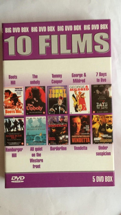 10 films (boots hill – the unholy – tommy cooper – george & mildred – 7 days to live – hamburger hill – all quiet on the western front – borderline +2 – DVD