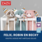 Zazu robin de wasbeer – heartbeat & white noise knuffeldoekje – beige – 35 cm