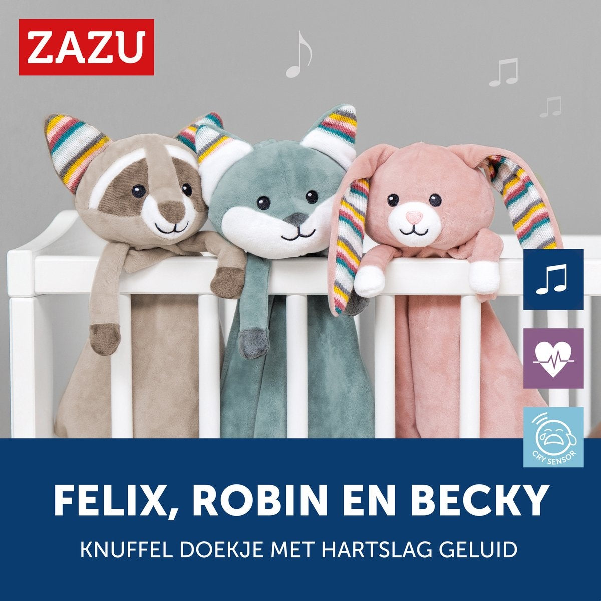 Zazu robin de wasbeer – heartbeat & white noise knuffeldoekje – beige – 35 cm