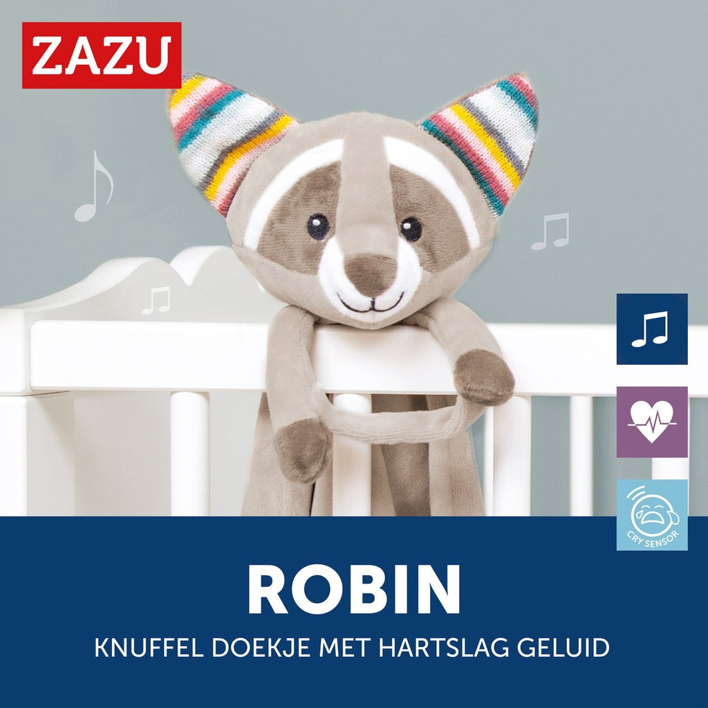 Zazu robin de wasbeer – heartbeat & white noise knuffeldoekje – beige – 35 cm