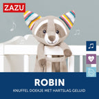Zazu robin de wasbeer – heartbeat & white noise knuffeldoekje – beige – 35 cm