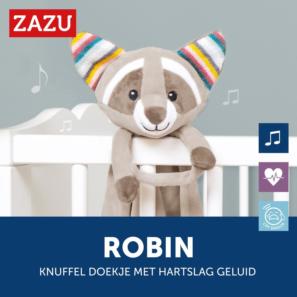 Zazu robin de wasbeer – heartbeat & white noise knuffeldoekje – beige – 35 cm