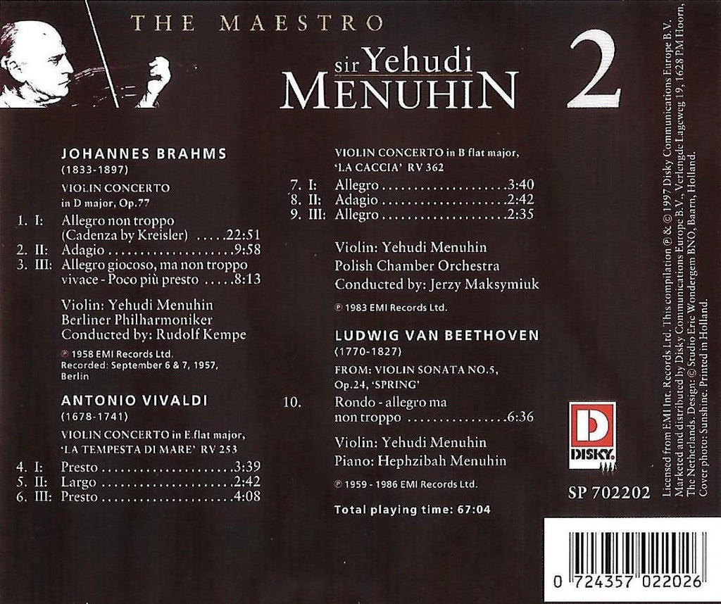 The maestro 2 – johannes brahms, antonio vivaldi, ludwig van beethoven – sir yehudi menuhi (viool), hephzibah menuhin (piano) – CD