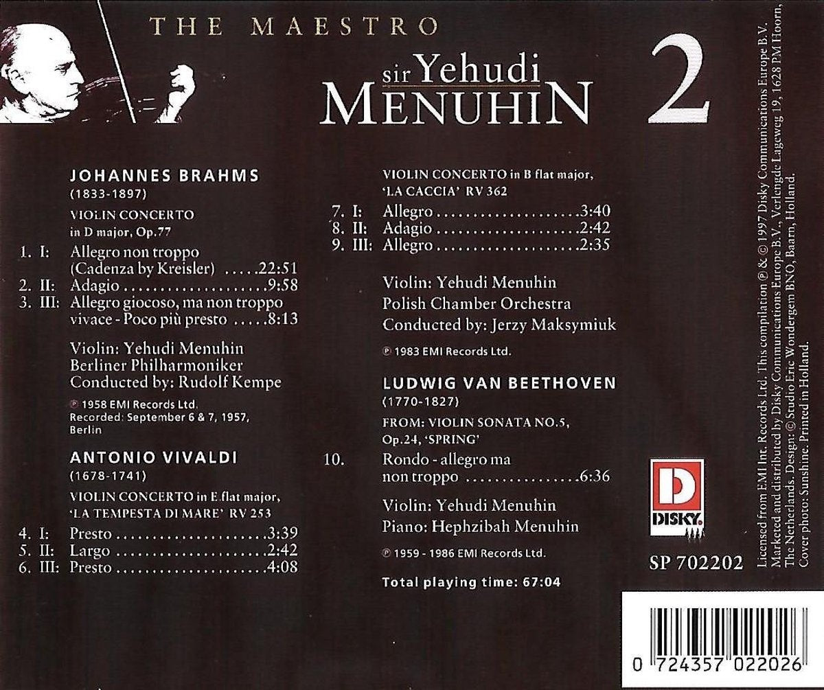 The maestro 2 – johannes brahms, antonio vivaldi, ludwig van beethoven – sir yehudi menuhi (viool), hephzibah menuhin (piano) – CD
