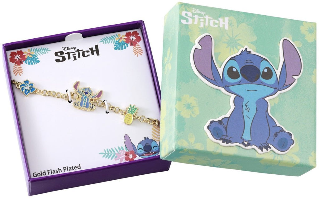 Disney stitch pineapple & flower gold plated bracelet