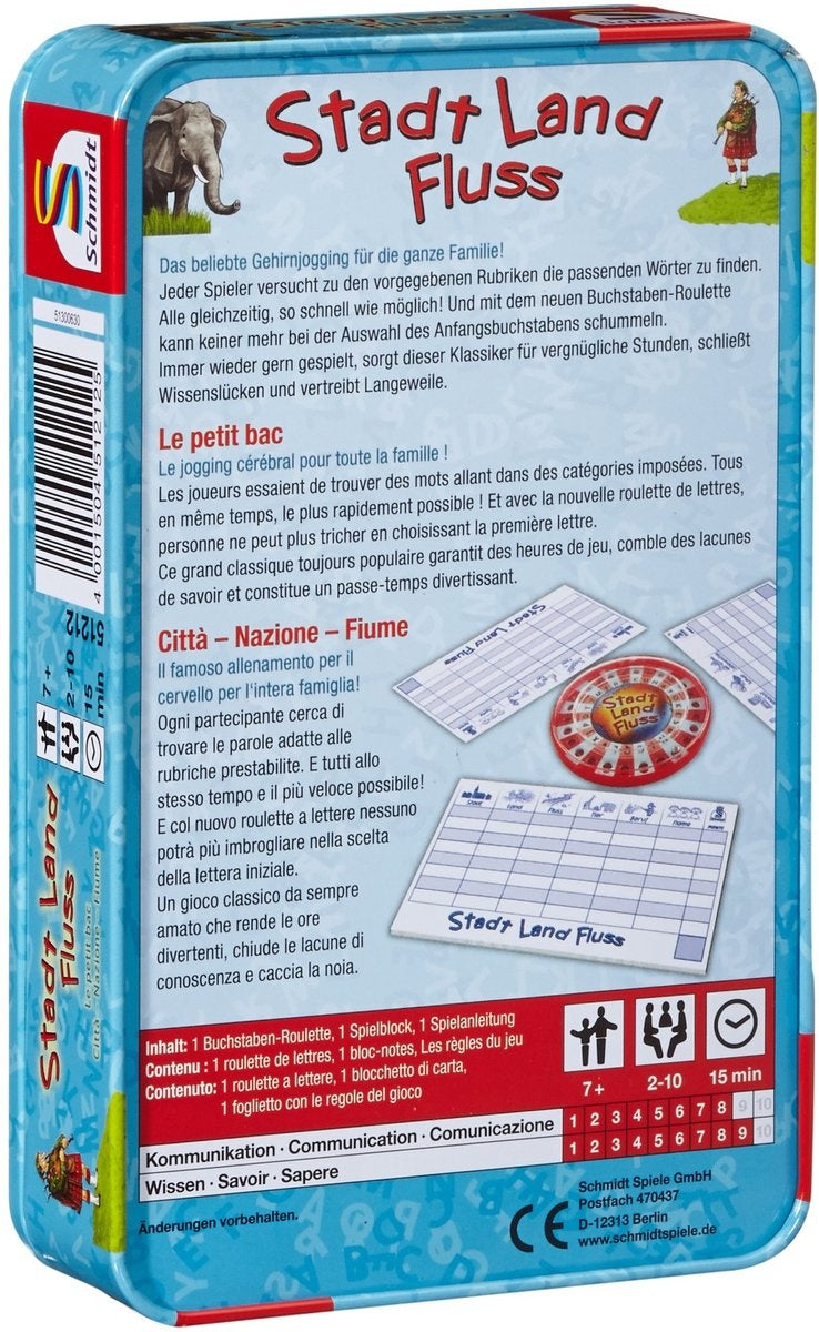 Schmidt bordspel stadt, land, fluss in metalen doos – familiespel.
