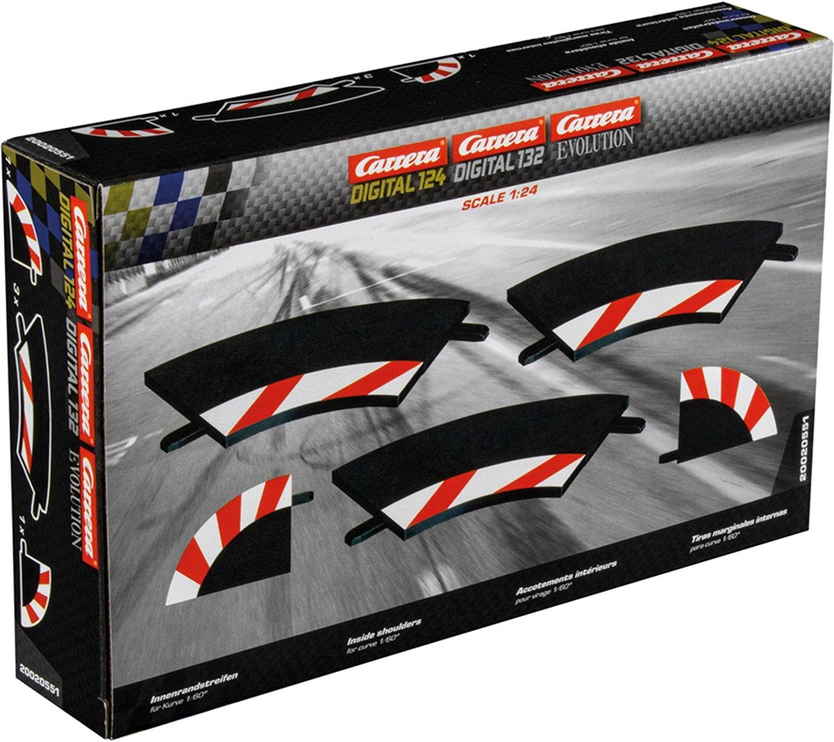 Carrera racebaanonderdeel – digital 124/132/evolution – uitbreidingsset binnenste railstukken met randstrips voor 60° bochten – 3 baanonderdelen onderdeel