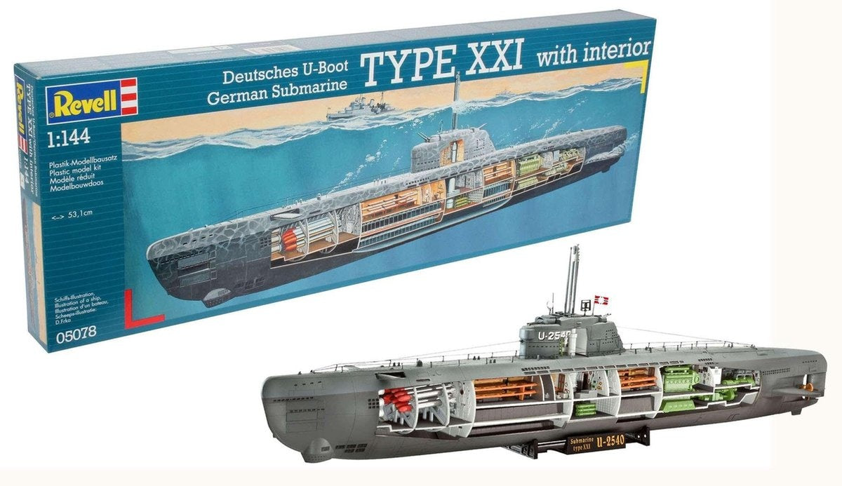 Revell modelbouwpakket militaire voertuigen – 05078 deutsches u-boot typ xxi mit interieur plastic – 1:144 – modelbouw