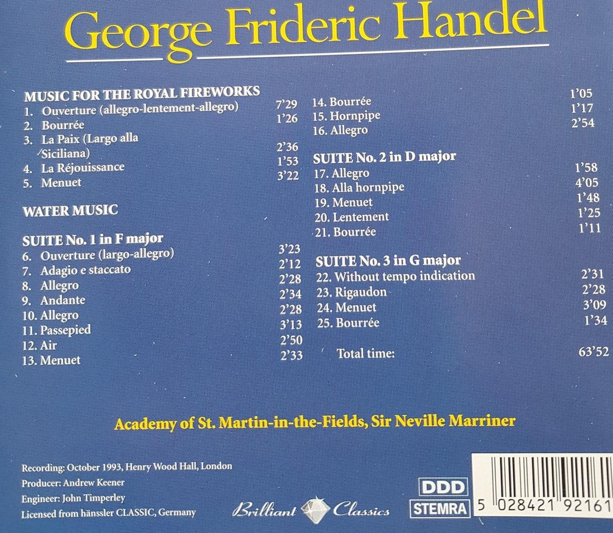 Handel watermusic sir n. marriner – CD