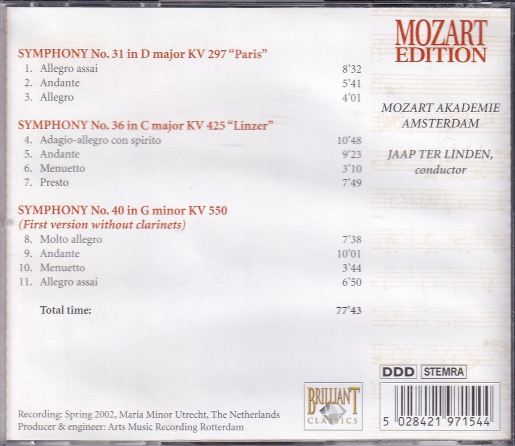 Mozart: symphonies, kv 297 "paris", 425 "linz", 550 – CD