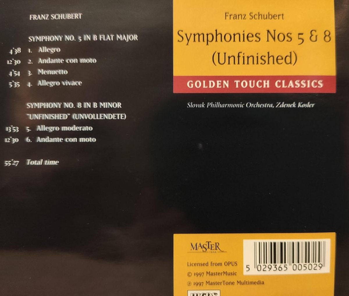 Symphonies no 5 & no 8 unfinished – franz schubert – slovak philharmonic orchestra o.l.v. zdenek koster – CD