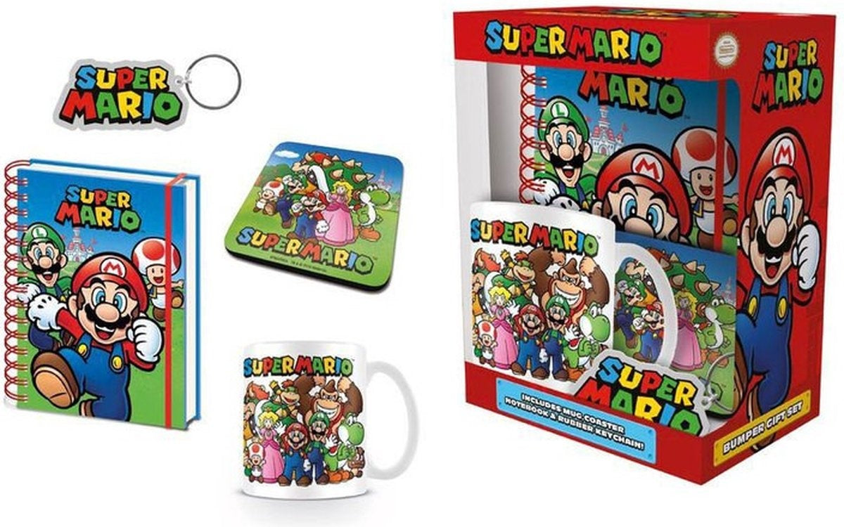 Nintento super mario – geschenkset – mok – notitieboekje – onderzetter en sleutelhanger