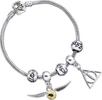 The Carat Shop – Harry Potter verzilverde armband met 3 spreuk kralen en deathly hallows & snitch bedels