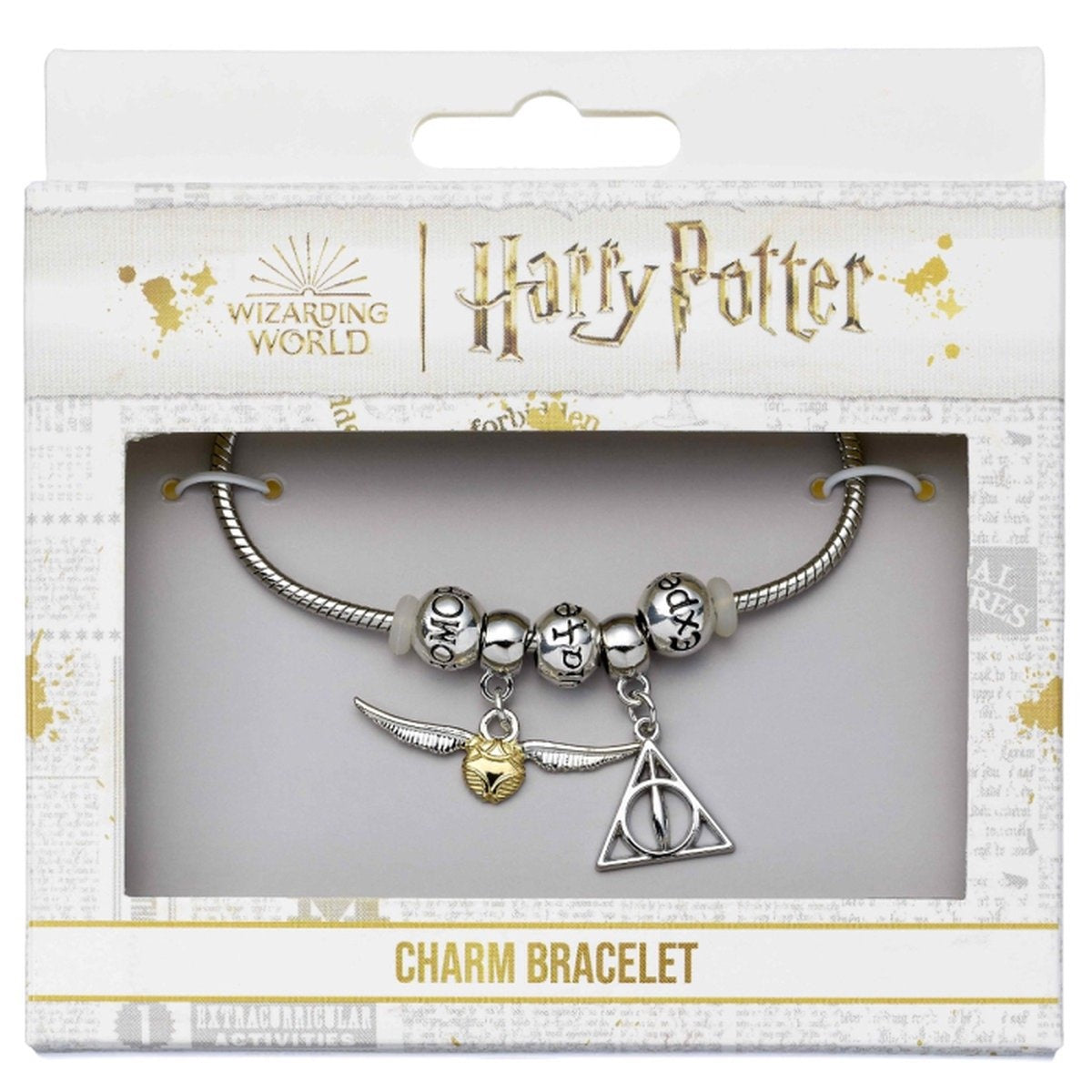 The Carat Shop – Harry Potter verzilverde armband met 3 spreuk kralen en deathly hallows & snitch bedels