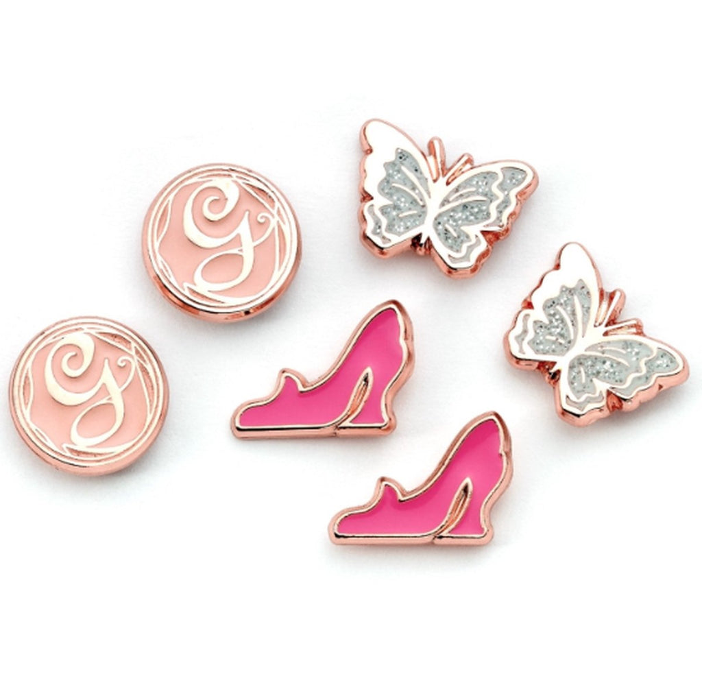 The Carat Shop – wicked glinda rose goudkleurige vlinder – glinda's g initiaal, schoen en vlinder stud oorbellen