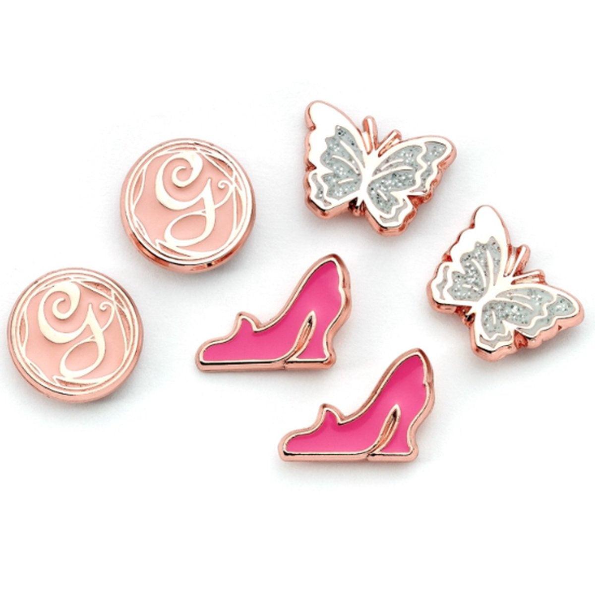The Carat Shop – wicked glinda rose goudkleurige vlinder – glinda's g initiaal, schoen en vlinder stud oorbellen