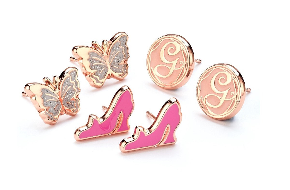 The Carat Shop – wicked glinda rose goudkleurige vlinder – glinda's g initiaal, schoen en vlinder stud oorbellen