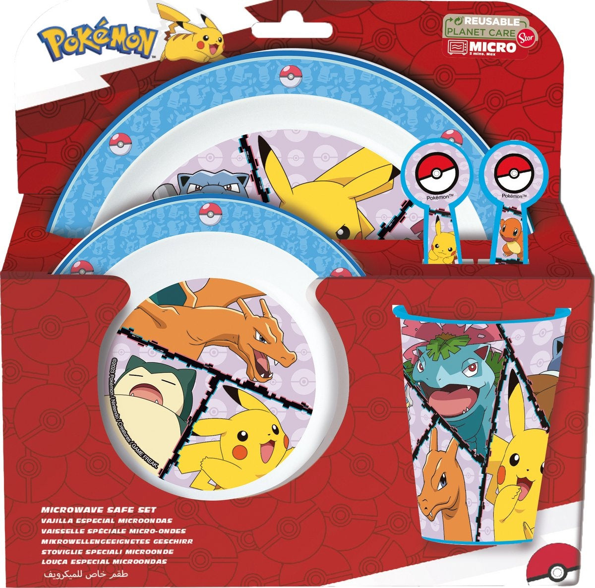 Pokémon kinderservies – 5-delig – herbruikbaar – inclusief bord, kom, bestek en beker – vaatwasser- en microgolfbestendig & bpa-vrij – wit/blauw