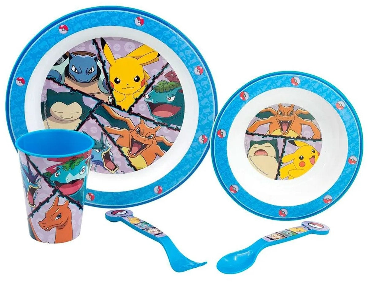 Pokémon kinderservies – 5-delig – herbruikbaar – inclusief bord, kom, bestek en beker – vaatwasser- en microgolfbestendig & bpa-vrij – wit/blauw