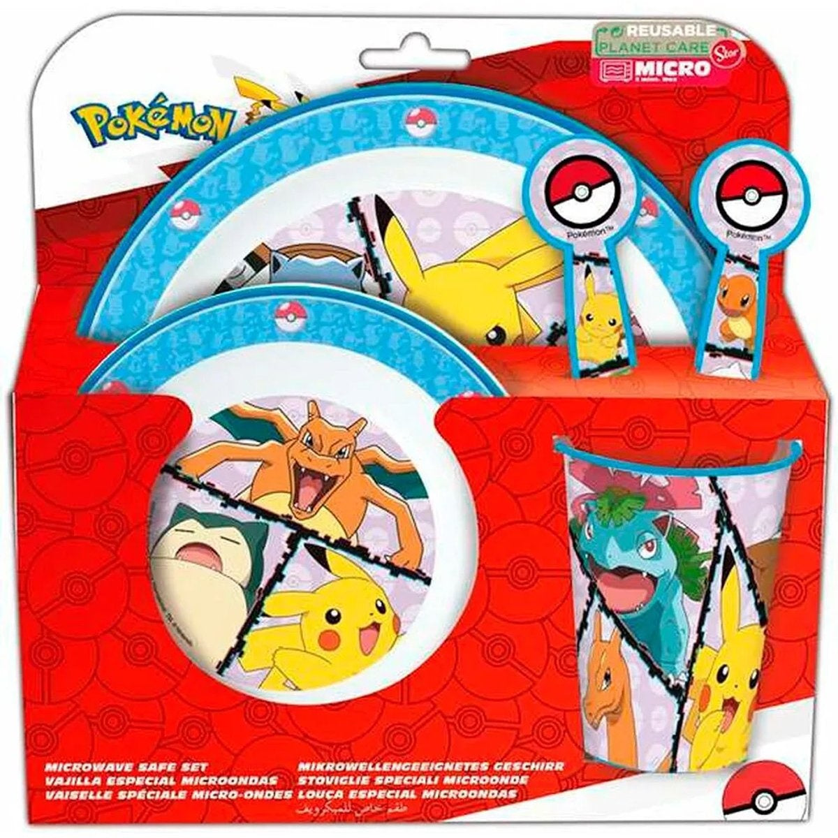 Pokémon kinderservies – 5-delig – herbruikbaar – inclusief bord, kom, bestek en beker – vaatwasser- en microgolfbestendig & bpa-vrij – wit/blauw