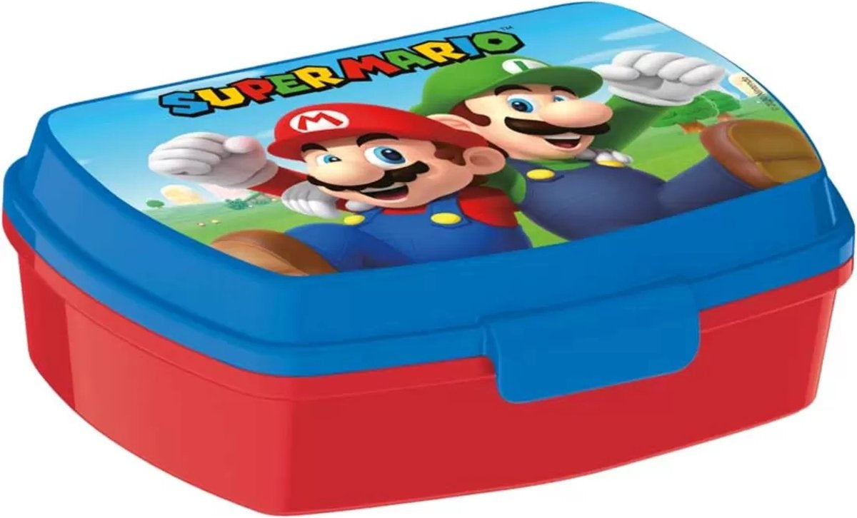 Broodtrommel super mario plastic rood blauw (17 x 5.6 x 13.3 cm)