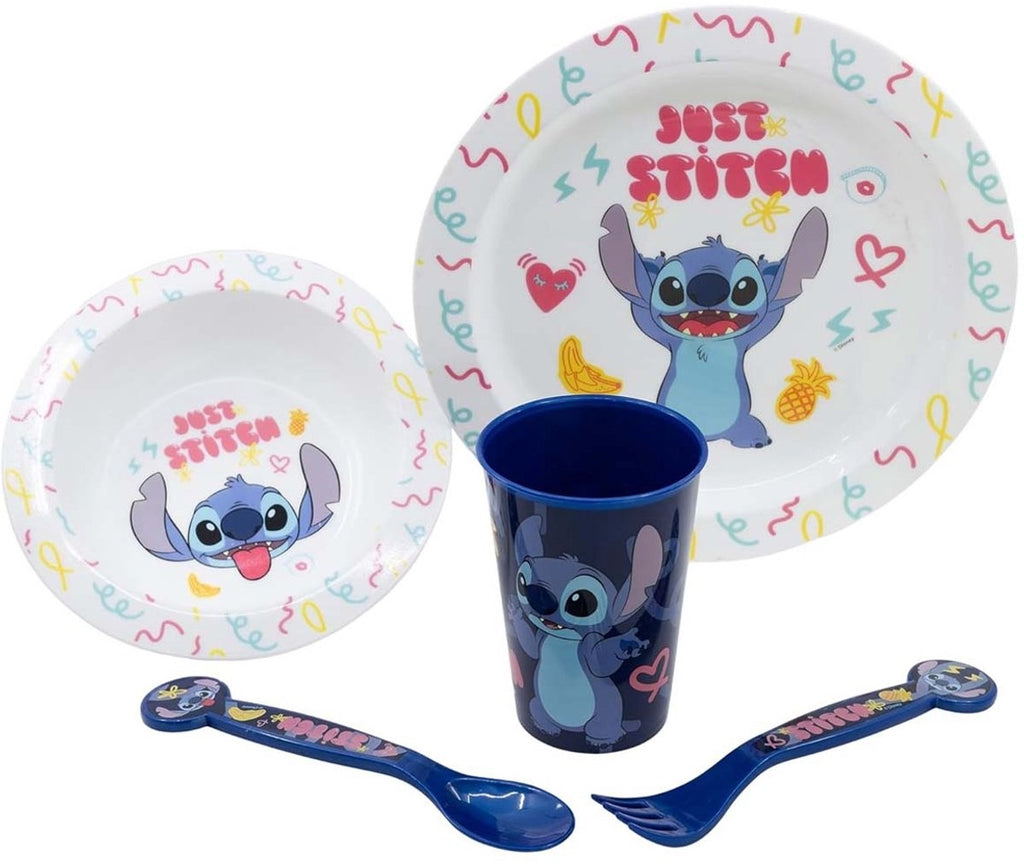Disney's stitch kinderservies – 5-delig – herbruikbaar – inclusief bord, kom, bestek en beker – vaatwasser- en microgolfbestendig & bpa-vrij – wit/blauw