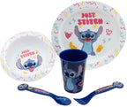 Disney's stitch kinderservies – 5-delig – herbruikbaar – inclusief bord, kom, bestek en beker – vaatwasser- en microgolfbestendig & bpa-vrij – wit/blauw
