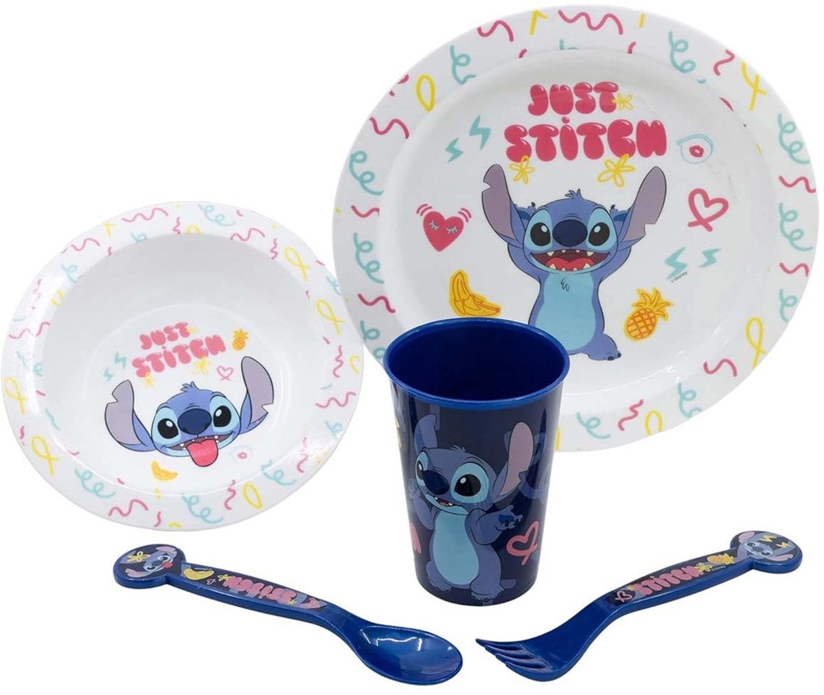 Disney's stitch kinderservies – 5-delig – herbruikbaar – inclusief bord, kom, bestek en beker – vaatwasser- en microgolfbestendig & bpa-vrij – wit/blauw
