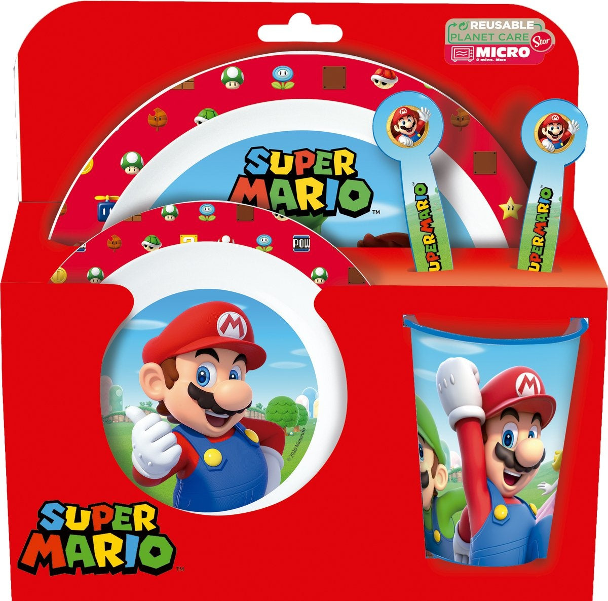 Nintendo's super mario kinderservies – 5-delig – herbruikbaar – inclusief bord, kom, bestek en beker – vaatwasser- en microgolfbestendig & bpa-vrij – wit/rood