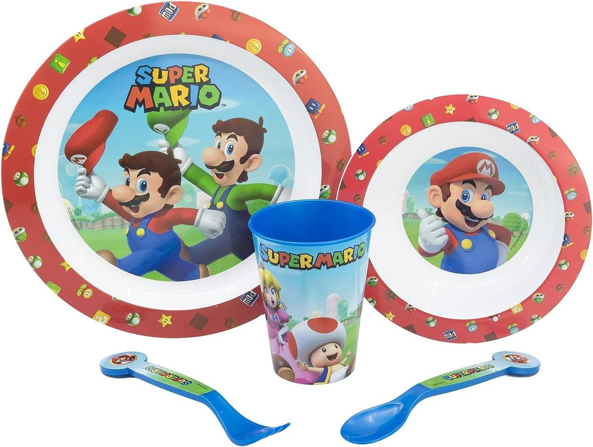 Nintendo's super mario kinderservies – 5-delig – herbruikbaar – inclusief bord, kom, bestek en beker – vaatwasser- en microgolfbestendig & bpa-vrij – wit/rood