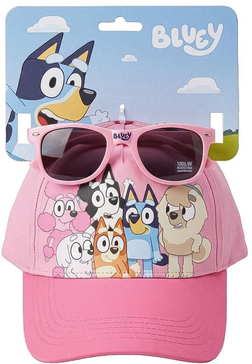 Bluey pet en zonnebril meisjes – uv400 bescherming – roze – officieel gelicenseerd