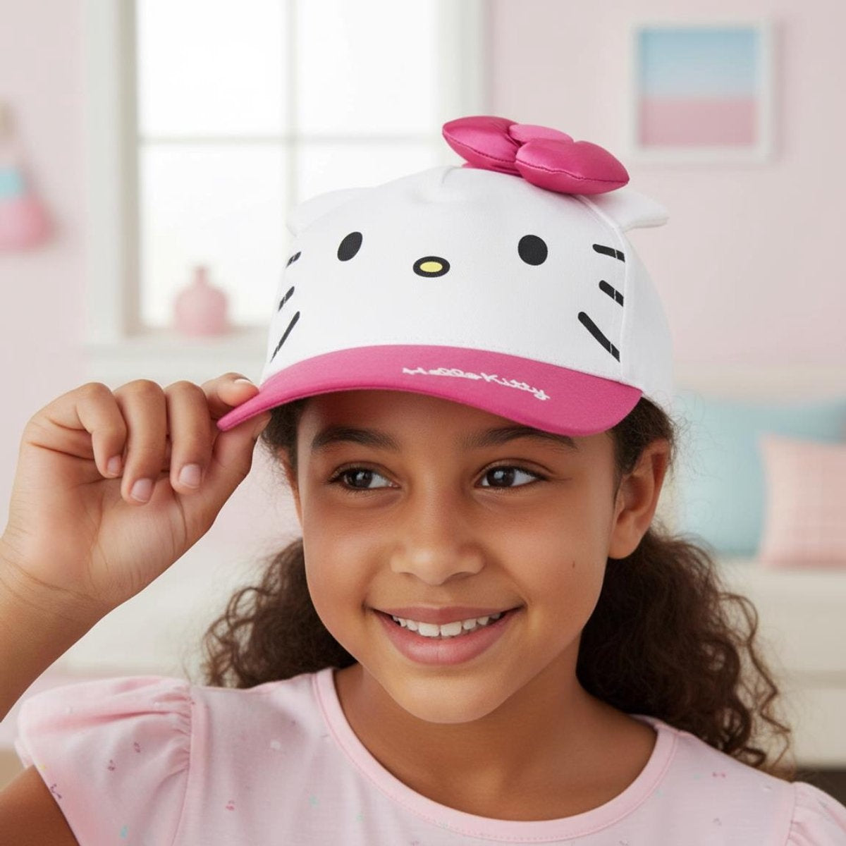 Hello kitty pet – kinder pet met strik – roze/wit – meisjes