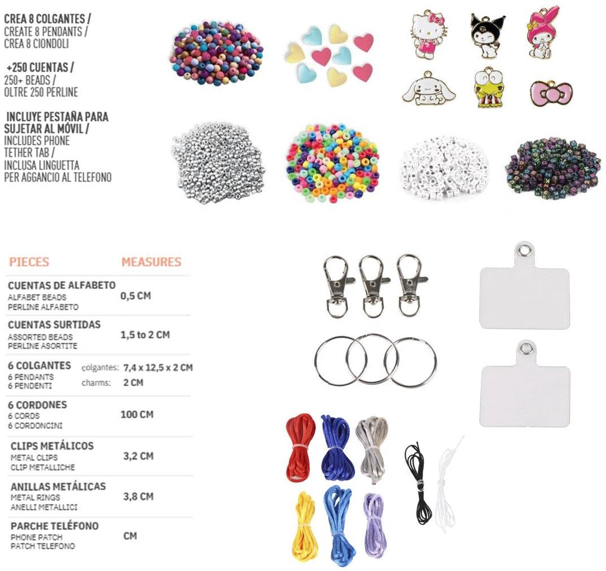 Hello kitty diy armbandjes en sleutelhangers set – 250+ kralen – inclusief bedels, koorden, clips en telefoonhanger – knutselset kinderen