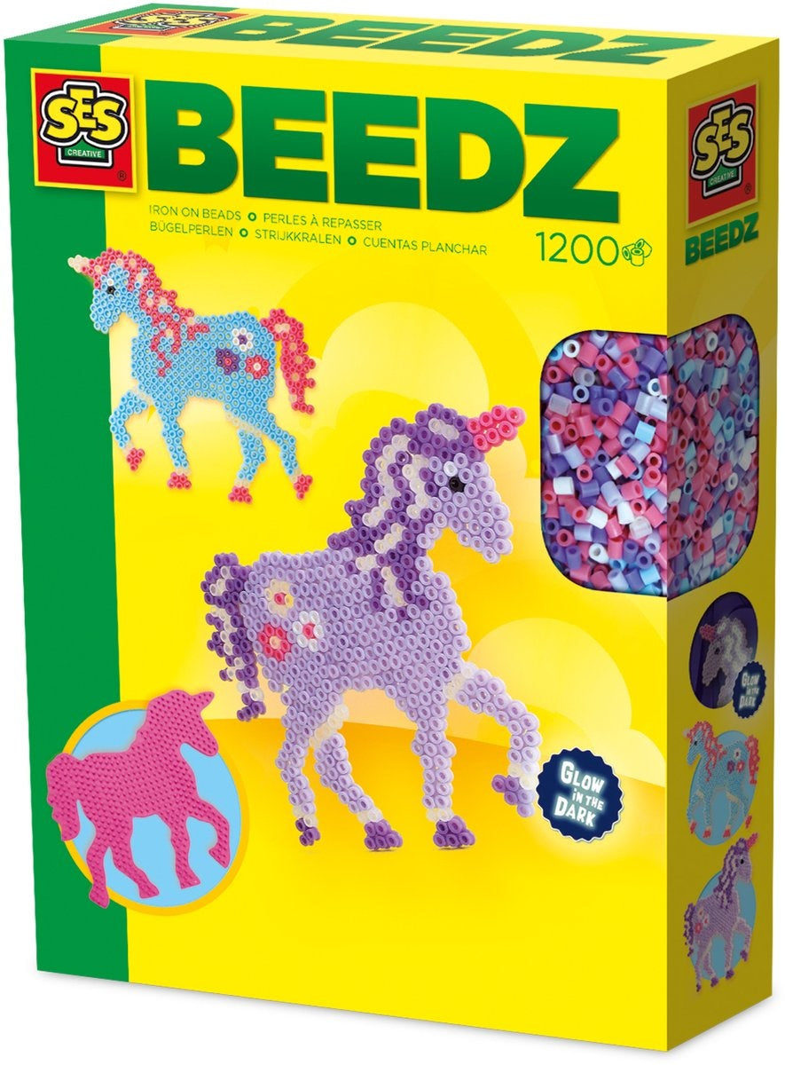 Ses creative – beedz – unicorn – glow in the dark – 1200 strijkkralen met grondplaten en strijkvellen – vanaf 5 jaar