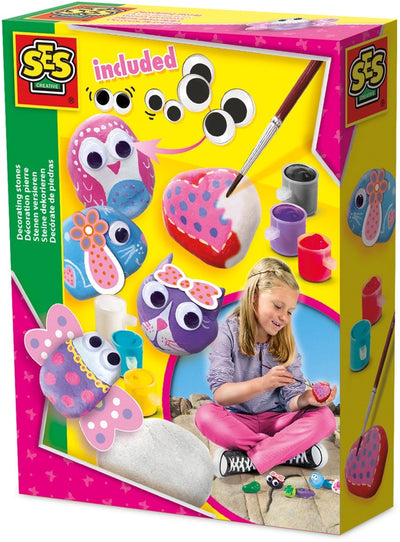 Ses creative – hobby pink – stenen schilderen – knutselen meisjes – 6 kleuren verf, penseel, gekleurde prints – vanaf 5 jaar