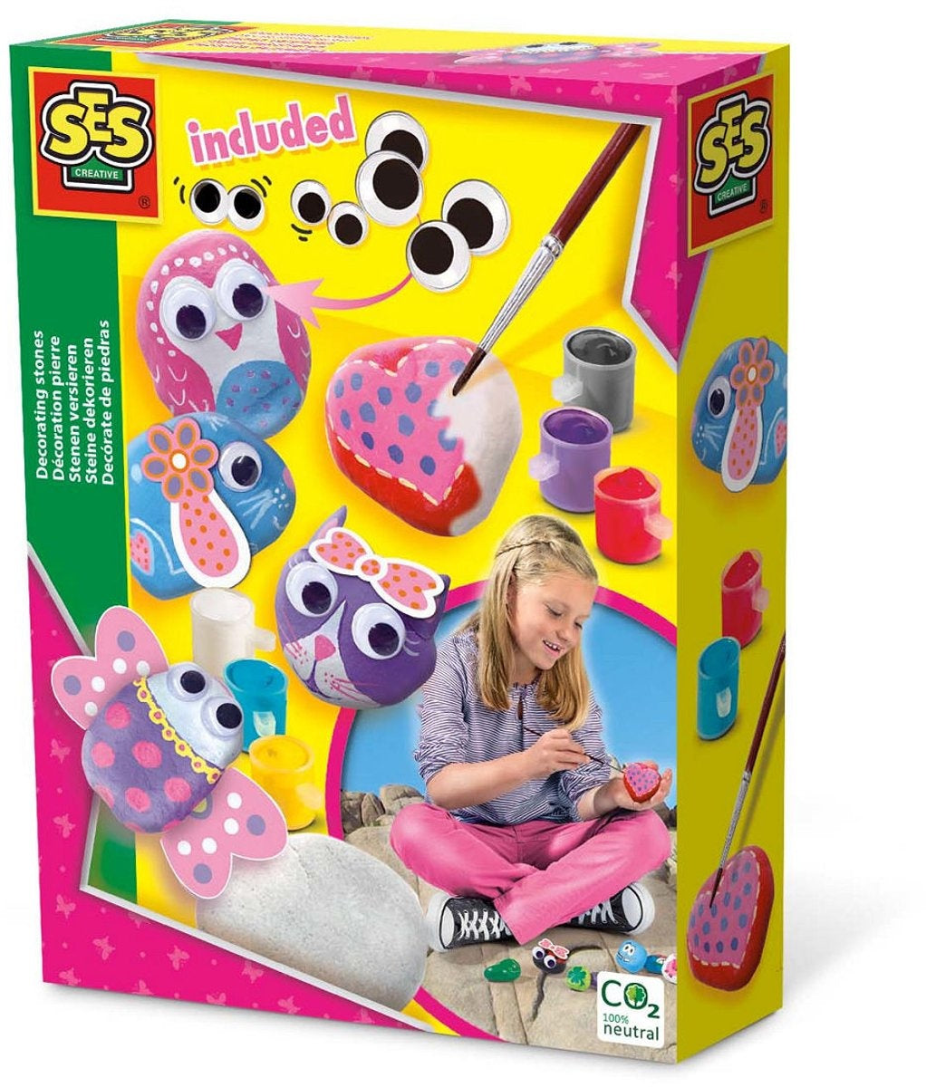 Ses creative – hobby pink – stenen schilderen – knutselen meisjes – 6 kleuren verf, penseel, gekleurde prints – vanaf 5 jaar