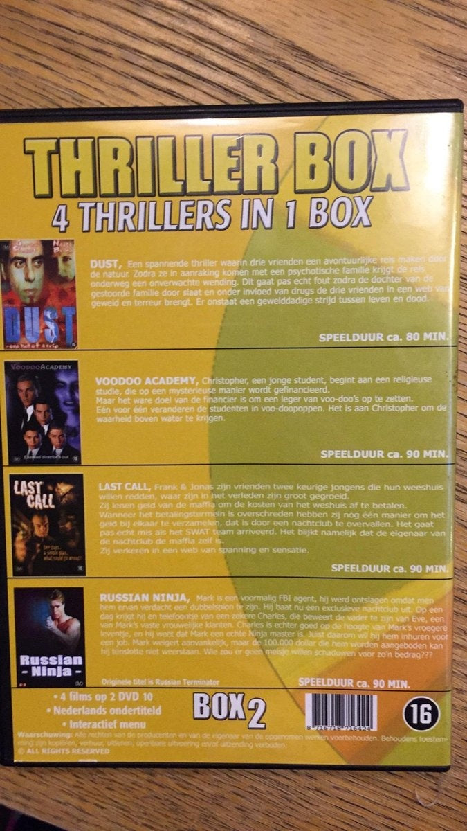 Thriller box – 4 thrillers ( dust – voodoo academy – last call – russian ninja ) – DVD