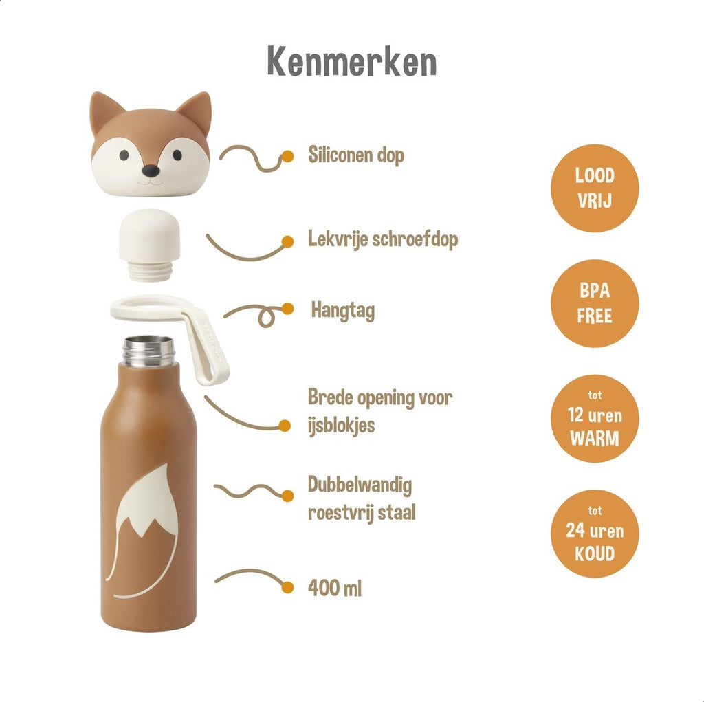 Zazu kinder thermosfles 400 ml – rvs drinkfles voor kinderen – dubbelwandige vacuümisolatie – bpa-vrij – lekbestendig – vos