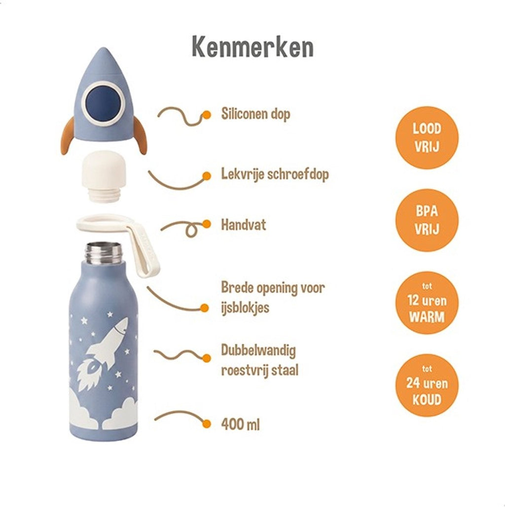 Zazu kinder thermosfles 400 ml – rvs drinkfles voor kinderen – dubbelwandige vacuümisolatie – bpa-vrij – lekbestendig – raket